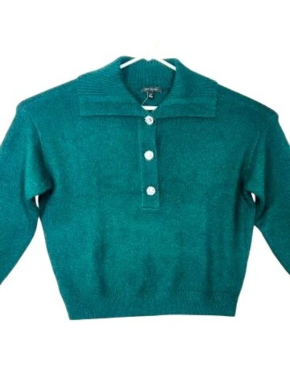 Vintage Ann Taylor emerald green knit sweater, medium, rhinestone buttons,